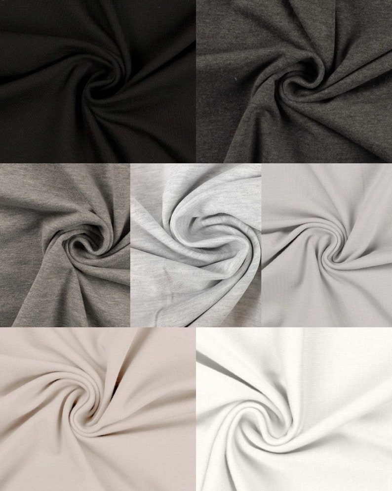 May include: Six fabric swatches in different colors: black, dark gray, light gray, beige, and white. The fabric is folded and twisted to show its texture.