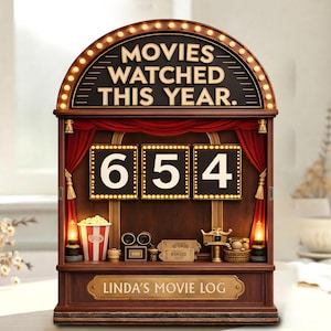 Könnte beinhalten: Ein hölzernes Filmlogbuch mit dem Text "MOVIES WATCHED THIS YEAR". Der Zähler zeigt "654" an. Auf der Basis steht "LINDA'S MOVIE LOG". Dekorative Elemente sind Popcorn, Filmrollen und ein Ticket.