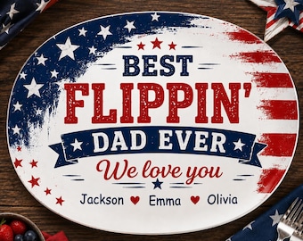 Piatto da barbecue personalizzato "Best Flippin Dad Ever", piatto da barbecue personalizzato con bandiera americana e nomi dei bambini, regalo patriottico per la festa del papà per il marito