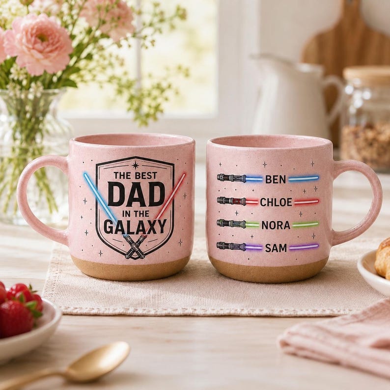 Anpassad "Bästa pappa i galaxen"-mugg, personlig ljussabelkaffekopp med barnnamn, fars dag-present till pappa, keramisk 30 cl-mugg bild 7