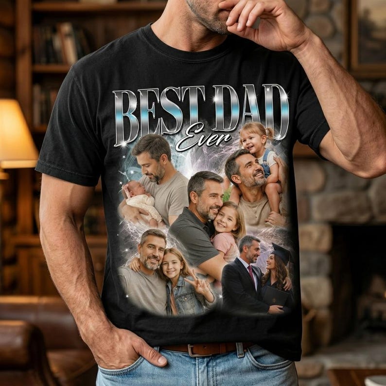 May include: Black t-shirt with the text "BEST DAD Ever" in a silver, reflective font. The shirt features a collage of photos of a father with his children, creating a personalized and sentimental design.