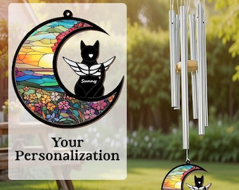 Custom Cat Memorial Wind Chime, Personalized Pet Loss Gift with Name & Breed, Cat Remembrance, Rainbow Bridge Chime, Pet Memory Gift