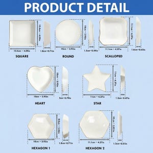 Puede incluir: Imagen de detalles de productos: platos de cer&aacute;mica blanca con bordes dorados. Formas: cuadrado, redondo, festoneado, coraz&oacute;n, estrella y dos dise&ntilde;os hexagonales. Medidas en cm y pulgadas.