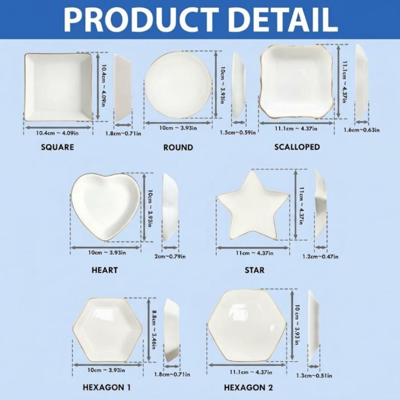 Puede incluir: Imagen de detalles de productos: platos de cer&aacute;mica blanca con bordes dorados. Formas: cuadrado, redondo, festoneado, coraz&oacute;n, estrella y dos dise&ntilde;os hexagonales. Medidas en cm y pulgadas.