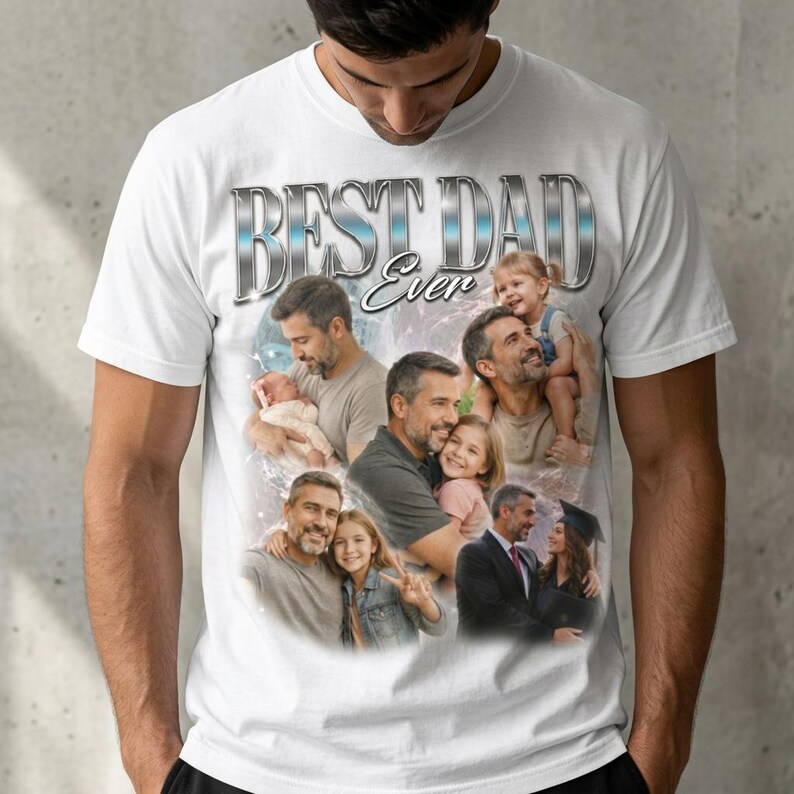 May include: White t-shirt with the text "BEST DAD Ever" in a silver and blue design. The shirt features a collage of photos of a father with his children, creating a personalized and sentimental gift.