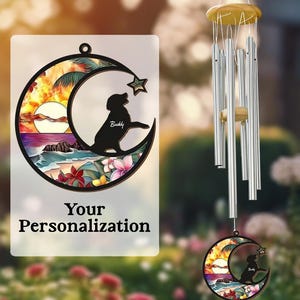 Personalized Pet Memorial Wind Chime, Custom Dog Silhouette, Name & Stained Glass Moon, Rainbow Bridge Gift, Custom Pet Loss Sympathy Gift