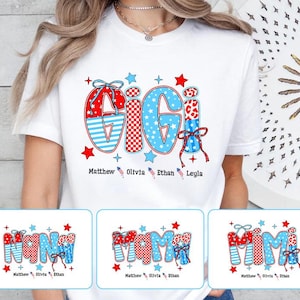 Personalized 4th of July Mama Shirt with Kids Names, American Mama Checkered Shirt, 4th of July Shirt, Memorial Day, Patriotic Gigi Nana Tee