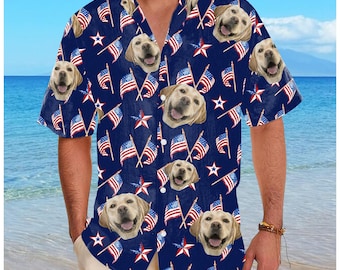 Custom Face American Flag Hawaiian Shirt, Personalized Picture Summer Shirt Custom 4th of July Button Down, Kid Photo Hawaiian Shirt for Dad