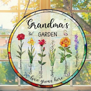 Personalized Grandma&#39;s Garden Suncatcher, Custom Suncatchers Stained Glass Flower, Gifts fo Grandma, Nana Stained Glass Window Hangings