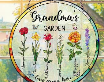 Personalized Grandma's Garden Suncatcher, Custom Suncatchers Stained Glass Flower, Gifts fo Grandma, Nana Stained Glass Window Hangings