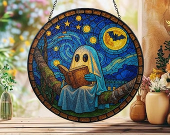 Cute Ghost Reading Book Starry Night Style Acrylic Suncatcher, Ghost Book Window Hanging, Spooky Bookish Halloween Decor, Book Lover Gifts