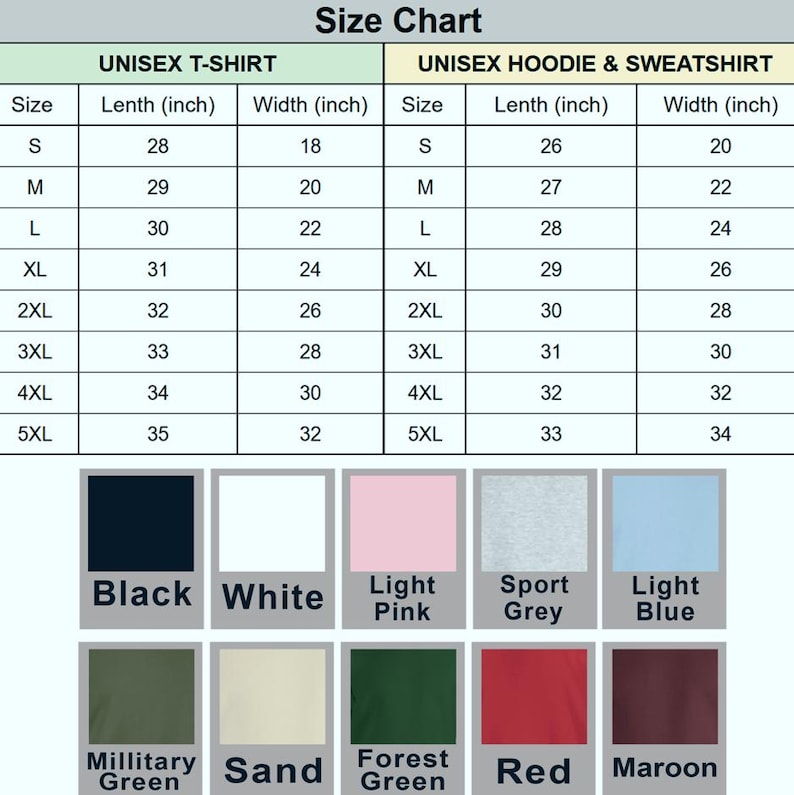 May include: A size chart for unisex t-shirts and hoodies/sweatshirts. The chart lists sizes S to 5XL, with length and width measurements in inches. Color options include black, white, light pink, sport grey, light blue, military green, sand, forest green, red, and maroon.