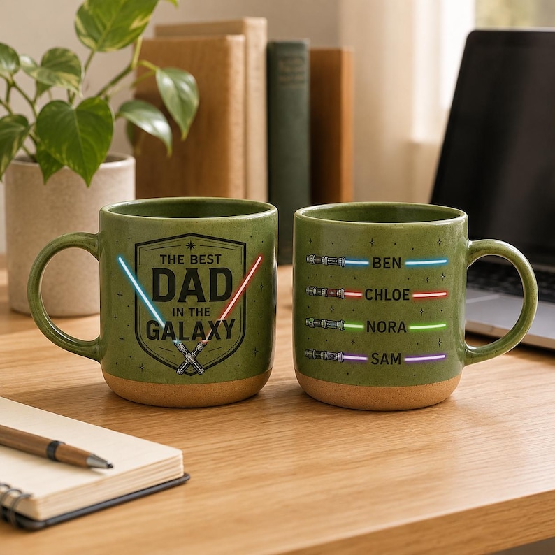 Anpassad "Bästa pappa i galaxen"-mugg, personlig ljussabelkaffekopp med barnnamn, fars dag-present till pappa, keramisk 30 cl-mugg bild 3