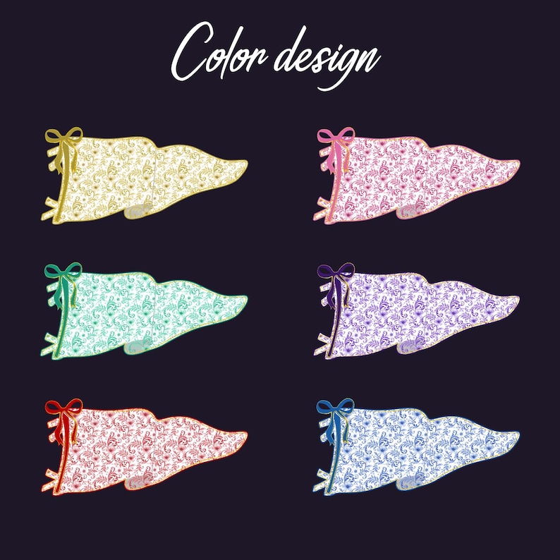 Puede incluir: Seis banderines decorativos en varios colores, cada uno con un patr&oacute;n floral &uacute;nico. Los banderines est&aacute;n adornados con cintas en colores a juego. El texto "Color design" est&aacute; escrito en cursiva en la parte superior.