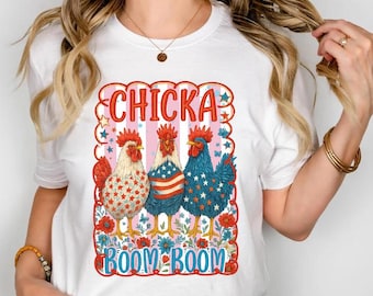 Camiseta Chicka Boom Boom, divertida camiseta patriótica de pollo, humor retro del 4 de julio, estilo granja, rojo, blanco y azul, fuegos artificiales de gallo de EE. UU.