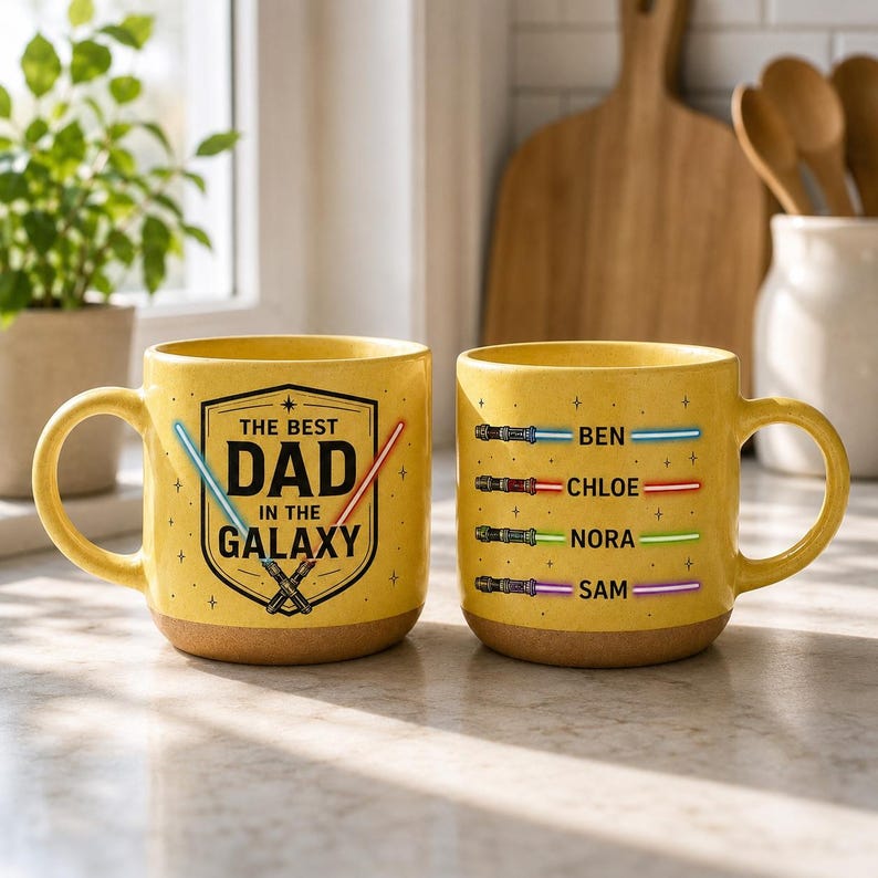 Anpassad "Bästa pappa i galaxen"-mugg, personlig ljussabelkaffekopp med barnnamn, fars dag-present till pappa, keramisk 30 cl-mugg bild 6