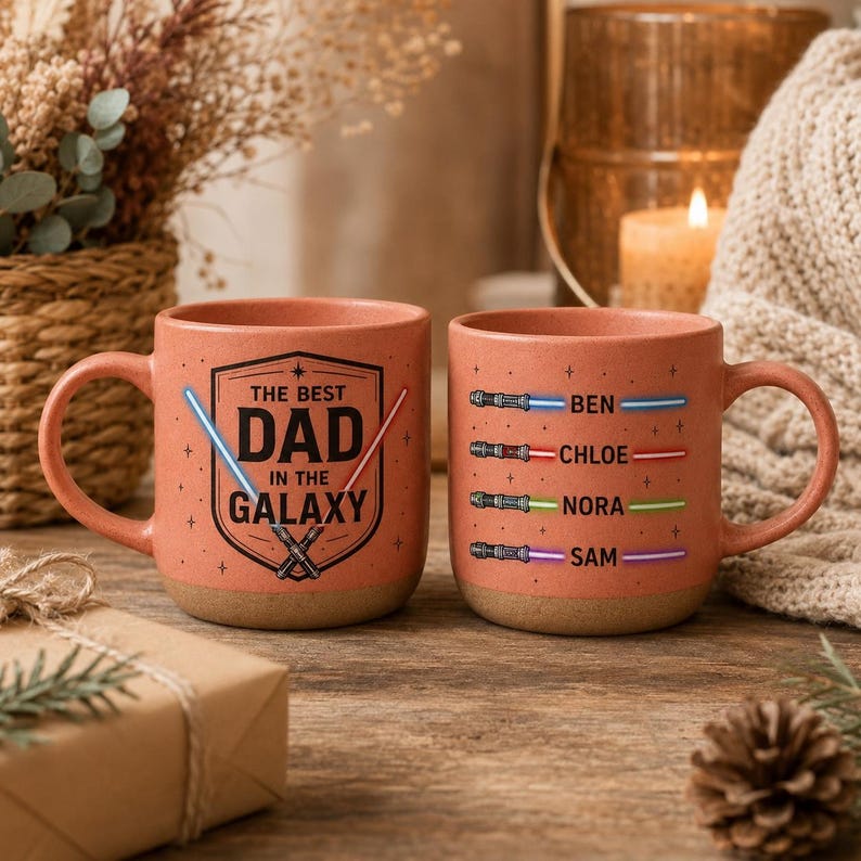 Anpassad "Bästa pappa i galaxen"-mugg, personlig ljussabelkaffekopp med barnnamn, fars dag-present till pappa, keramisk 30 cl-mugg bild 8