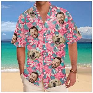 Aangepast Hawaiiaans shirt met gezicht, aangepaste bloemen Hawaiiaanse shirts, shirt met hondengezichtprint, gepersonaliseerd aloha-shirt voor vakantie en cadeaus