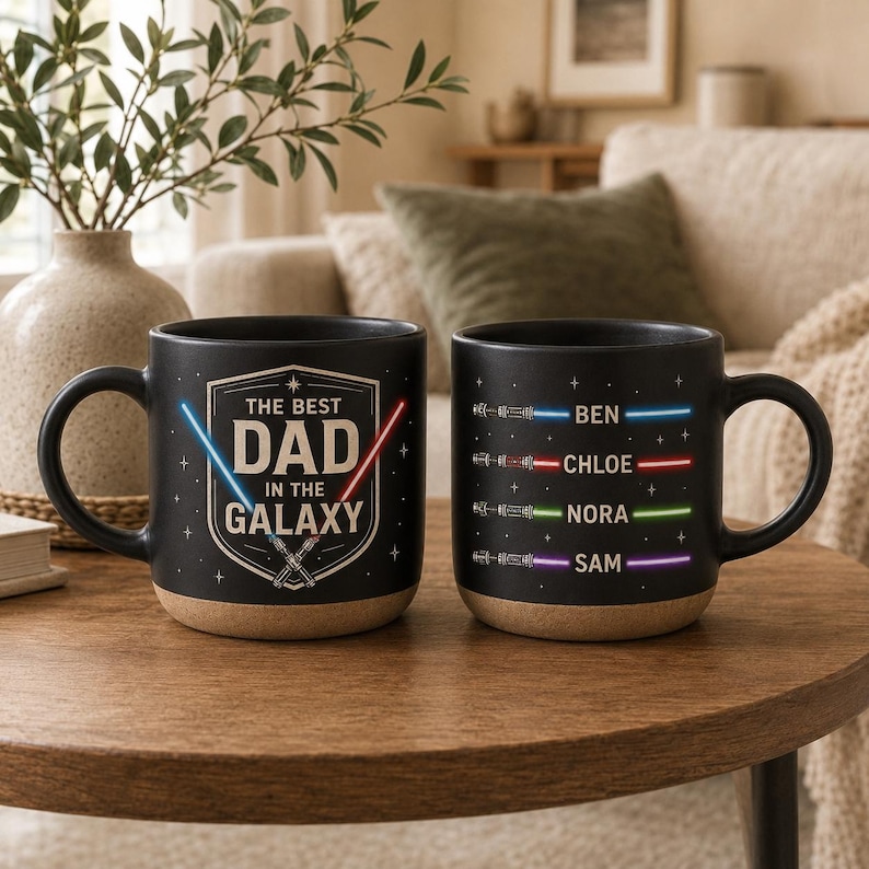 Anpassad "Bästa pappa i galaxen"-mugg, personlig ljussabelkaffekopp med barnnamn, fars dag-present till pappa, keramisk 30 cl-mugg bild 1