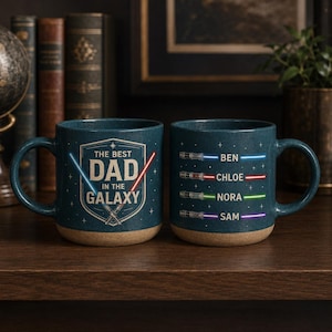 Anpassad "Bästa pappa i galaxen"-mugg, personlig ljussabelkaffekopp med barnnamn, fars dag-present till pappa, keramisk 30 cl-mugg bild 9