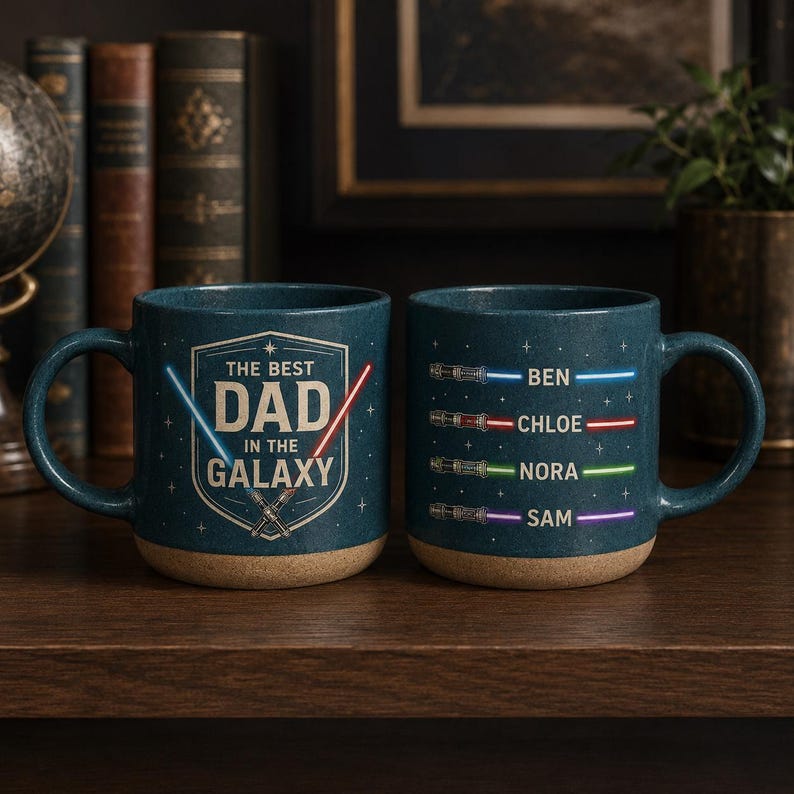 Anpassad "Bästa pappa i galaxen"-mugg, personlig ljussabelkaffekopp med barnnamn, fars dag-present till pappa, keramisk 30 cl-mugg bild 9