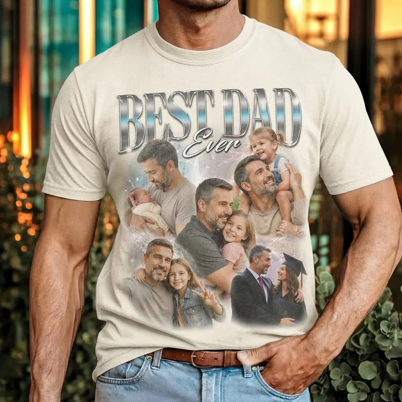 May include: Cream-colored t-shirt with the text "BEST DAD Ever" in a silver, textured font. The shirt features a collage of photos of a father with his children. The photos are in a circular arrangement.