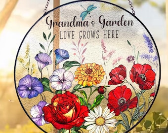 Personalized Grandma's Garden Suncatcher, Custom Suncatchers Stained Glass Flower, Gifts fo Grandma, Nana Stained Glass Window Hangings