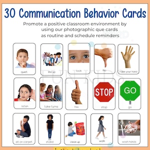 May include: A collection of 30 communication behaviour cards with visual prompts and text. The cards show actions such as "quiet," "line up," and "wash hands." The title "30 Communication Behavior Cards" is at the top, with "Instant download" at the bottom.