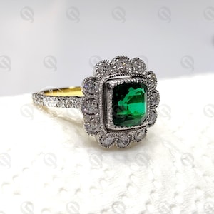 Halo Flower Style Wedding Ring, Two Tone Silver Engagement Ring, Bezel Set Wedding Ring, Vantage Green Cushion Diamond Ring