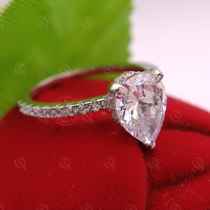 2.5 Carat Pear Engagement Ring, Hidden Halo Pear Diamond Ring, White Water Drop Ring, Pear Shaped Wedding Ring