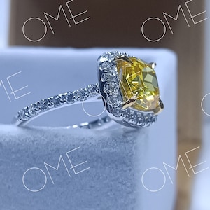 Canary Cushion Diamond Engagement Ring, Yellow Cushion Stone Ring, Claw Prong Set Promise Ring, Fancy Yellow Halo Set Ring, For Her