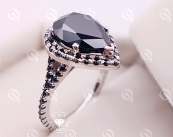 Black Pear Diamond Halo Ring, Black Onyx Engagement Ring, Pear Shaped Split Shank Ring, Teardrop Style Halo Ring,