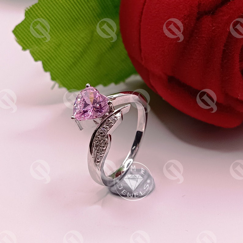 Heart Shaped Pink Diamond Ring, Bypass Shank Pink Stone Ring, Heart