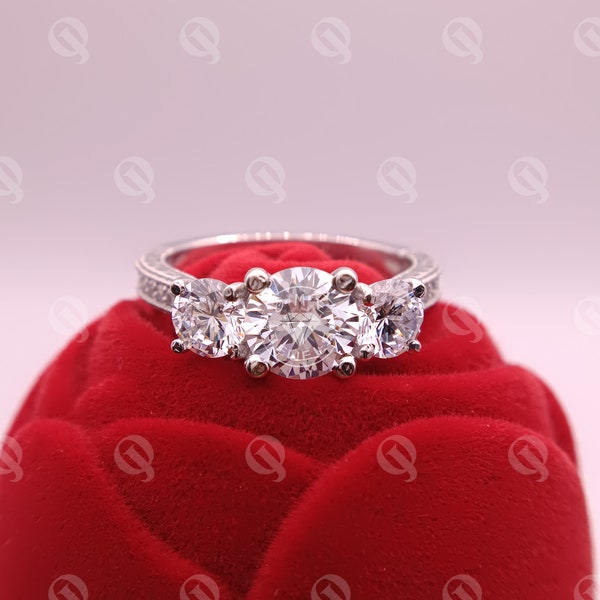 Three Stone Art Deco Diamond Ring, Designer Engrave Shank Ring, Silver Filigree Vintage Ring, Round Diamond Six Prong Set Ring, For Women