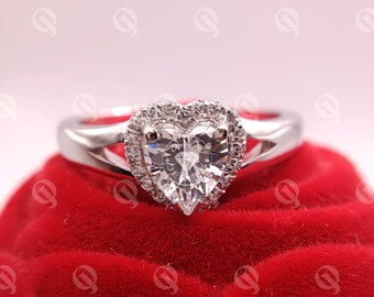 White Heart Diamond Wedding Ring, Heart Diamond Ring, Halo Ring