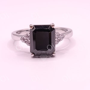 Black Emerald Onyx Engagement Ring, Black Stone Wedding Ring, Four Prong Black Diamond Ring, Black Gemstone Ring For Women