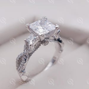 Three Stone Princess Cut Diamond Ring, Vintage Princess Silver Ring, Twisted Overlap Shank Ring, Unique Engagement Ring For Women