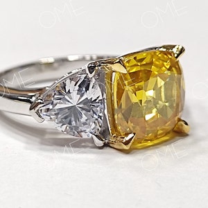 Three Stone Diamond Wedding Ring, Canary Cushion Diamond Ring, Fabulous Fancy Yellow Stone Ring, Yellow Cushion Party Ring for Women