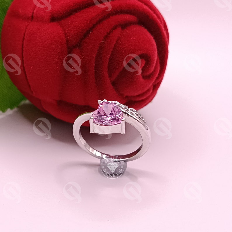 Heart Shaped Pink Diamond Ring, Bypass Shank Pink Stone Ring, Heart