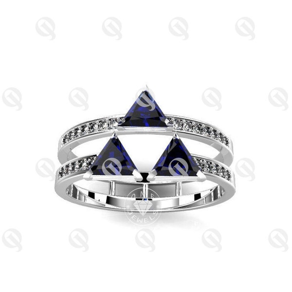 Legend of Zelda Inspired Ring, Blue Stone Zelda Wedding Ring, Hollow Triangle Silver Ring, Triforce Ring, Gamer Ring