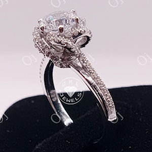 Antique Floral Flower Wedding Promise Ring, Twisted Design Diamond Ring, Flower Style Round Diamond Ring, Designer Floral Women Ring