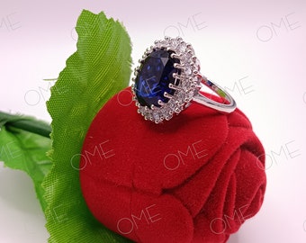 Saphir-Halo-Silberring, der berühmteste Verlobungsring von Prinzessin Diana, Damenring, Replika des Kate-Saphir-Halo-Rings
