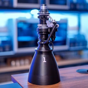May include: A black model rocket engine with intricate silver and gray detailing. The number "1" is printed in white on the engine's base. The engine is displayed on a wooden surface.