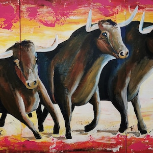 May include: A painting of three brown bulls running in a field. The bulls are painted in a realistic style with a textured brushstroke. The background is a vibrant yellow and pink.