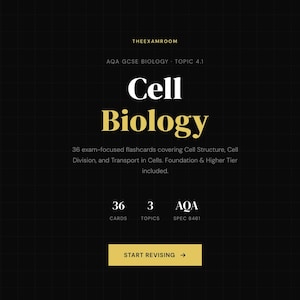 Op de afbeelding: Een donkere achtergrond met een rasterpatroon toont de tekst "Cell Biology" in wit en goud. Daaronder staat "36 examengerichte flashcards" over celstructuur en -deling. Een "Start Revising"-knop is ook zichtbaar.