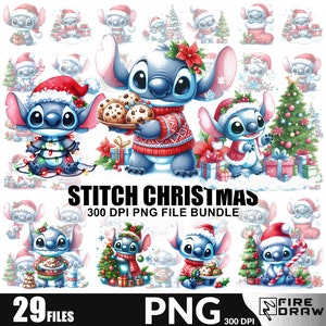 File PNG di Santa Stitch Christmas Bundle / Stitch Santa PNG, Cup Wrap / Puntale per albero di Natale, biscotti e divertenti design per felpe natalizie