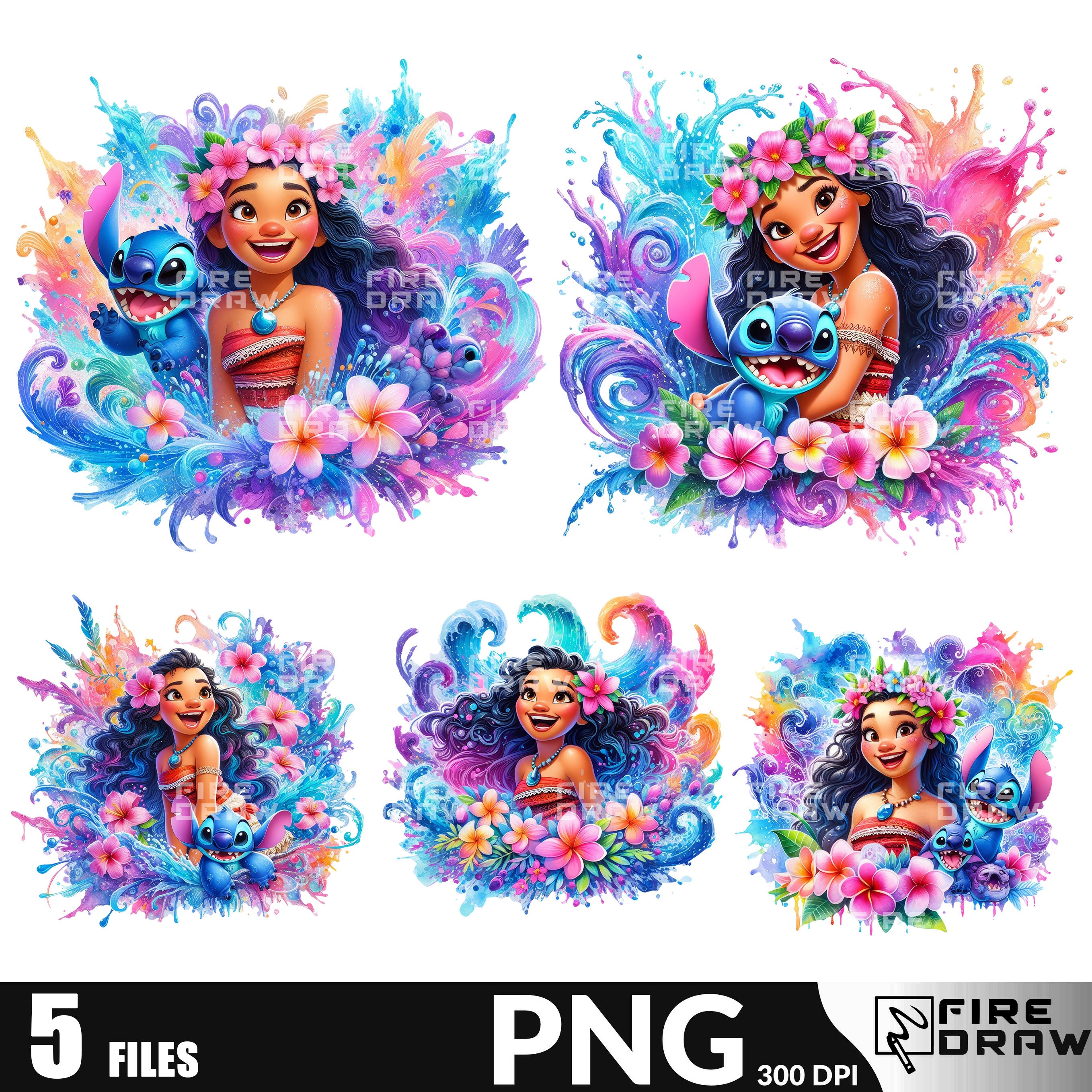 Moana and Stitch Splash and Watercolor Digital 5 Png Boundle
