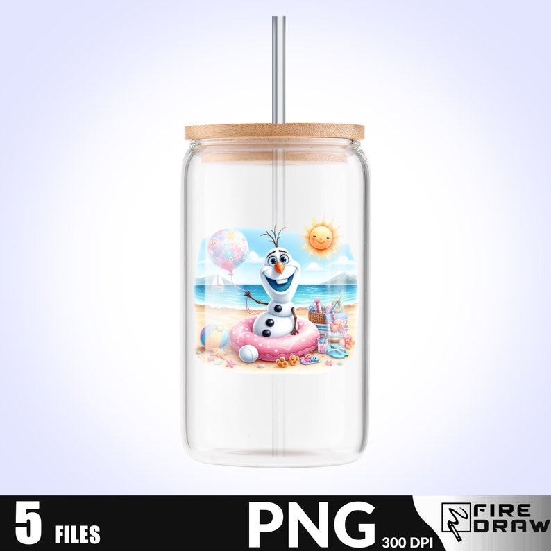 May include: A clear glass tumbler with a bamboo lid and a straw. The tumbler has a colorful image of Olaf from Frozen on the front. Olaf is wearing a pink inflatable ring and holding a blue balloon. The image also includes a beach scene with a yellow sun, blue water, and sand.