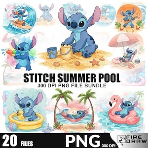 pliki urodzinowe stitch pool party png, letnia plaża ścieg cyfrowy do pobrania, lilo i stitch urodziny png, zestaw clipartów stitch party