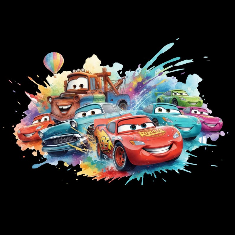 May include: A vibrant illustration of several cartoon cars, including a red race car with the number 95, surrounded by colorful paint splashes. A hot air balloon is in the background. The image is set against a black background.